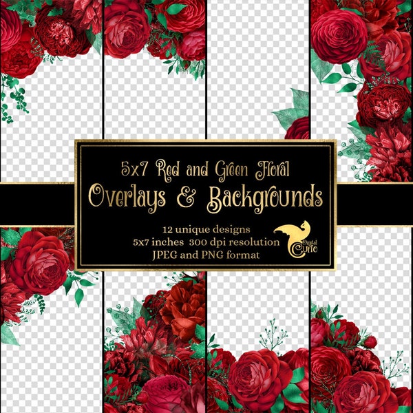 5x7 Red and Green Floral Overlays for invitations, planners, journal pages, vintage flower clipart, wedding frames, border clip art overlays