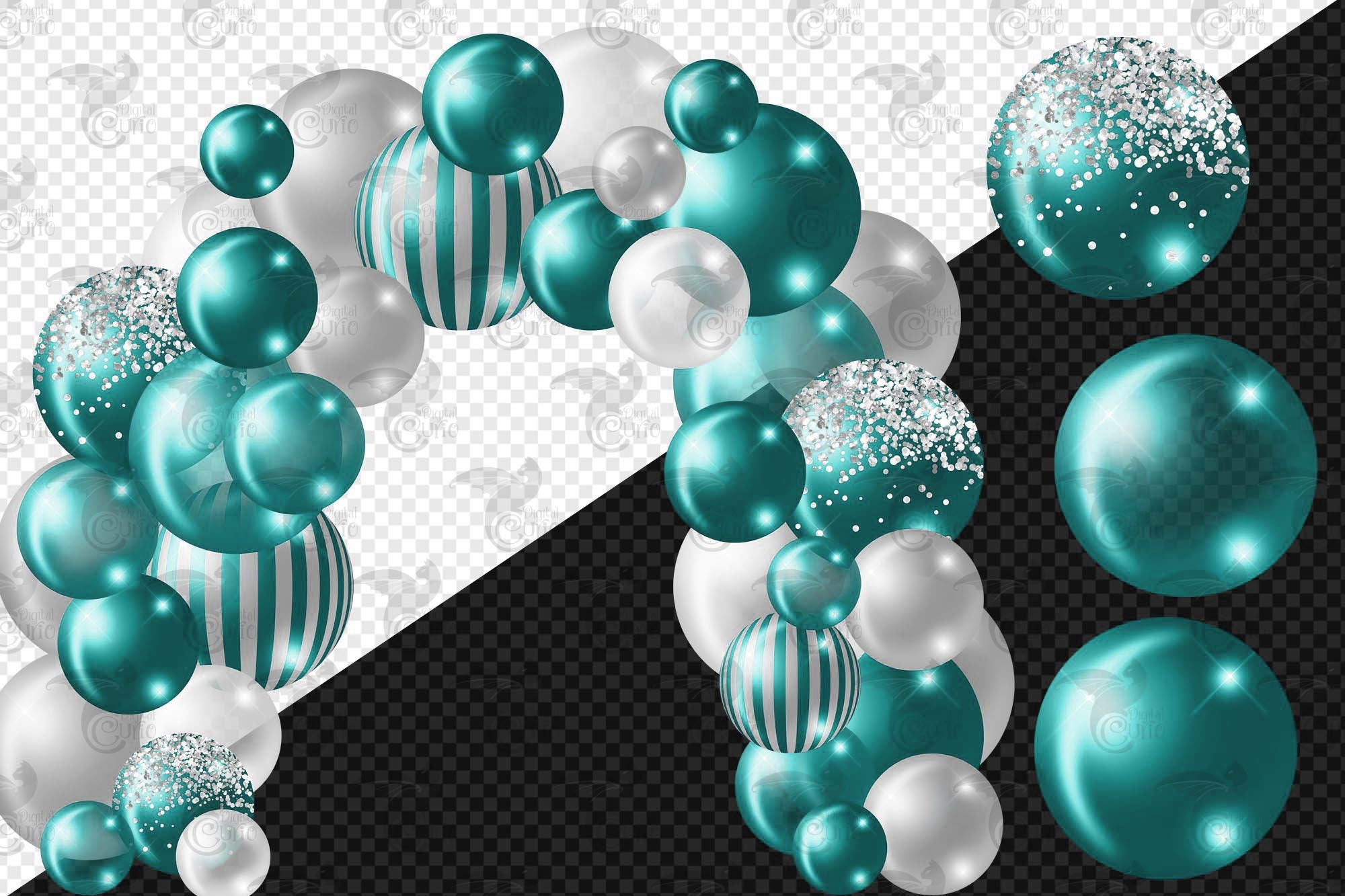 Teal and Silver Balloon Arch Clipart blue balloon png digital Etsy