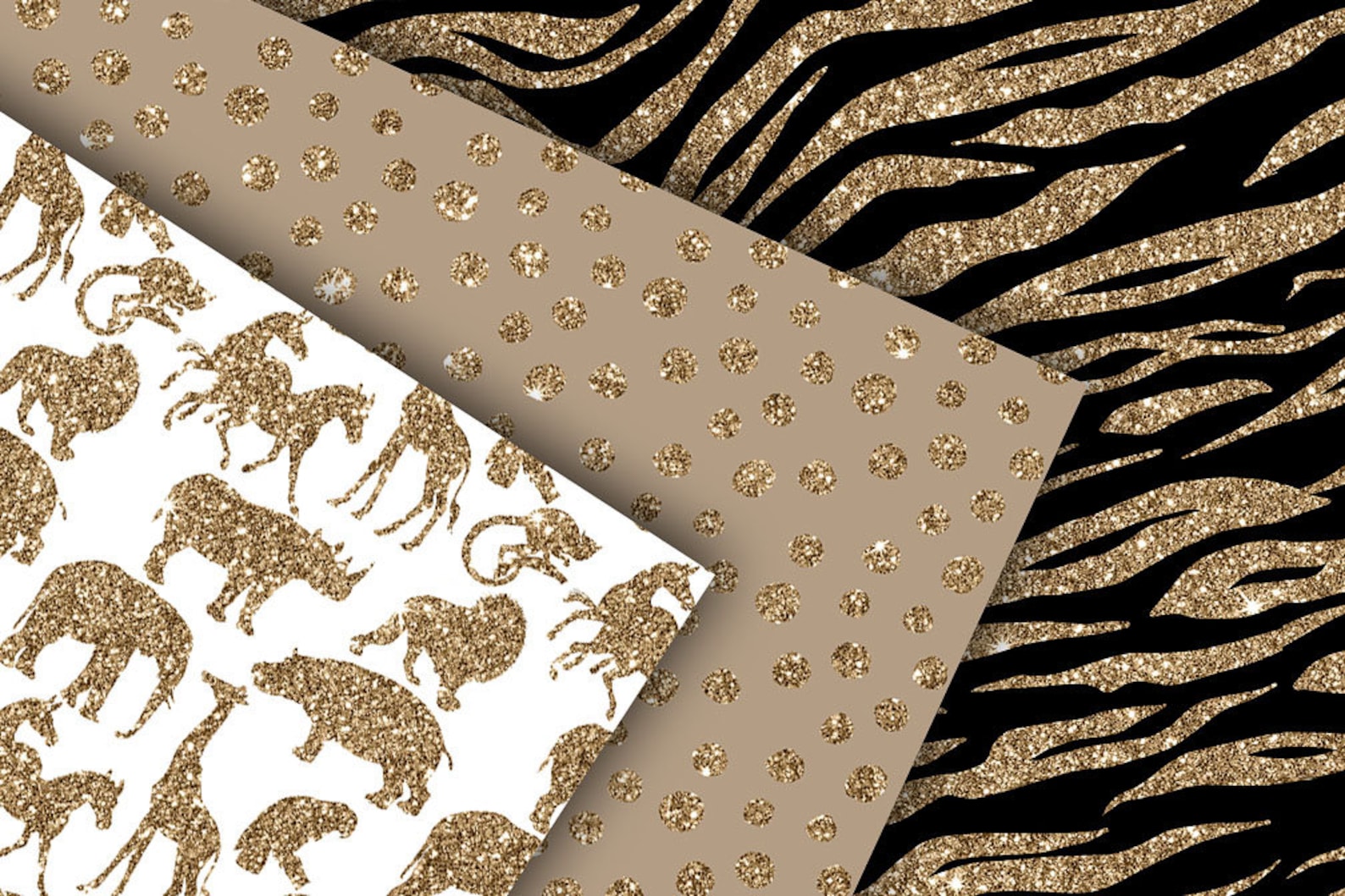 Gold Glitter Safari Digital Paper, Seamless Animal Print Patterns ...