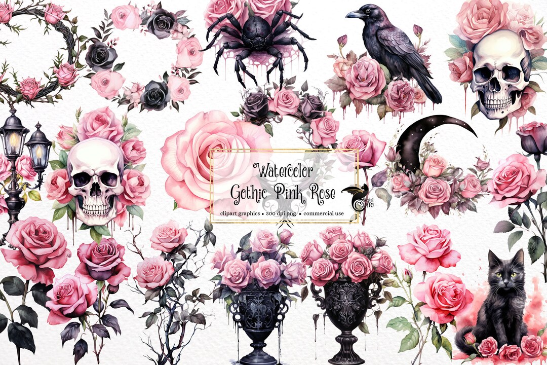 Watercolor Pink Gothic Roses Clipart - Fantasy Watercolor Garden PNG ...