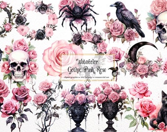 Watercolor Pink Gothic Roses Clipart - fantasy watercolor garden PNG format instant download for commercial use