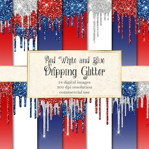 May include: Digital paper pack with 24 images of red, white, and blue glitter dripping down. The images are 300 dpi and can be used for commercial purposes.