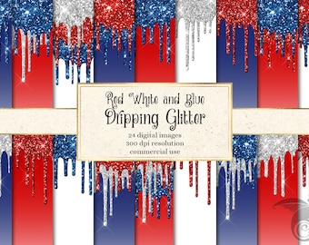 Red White Blue Glitter Drip Backgrounds & Overlays (Digital)