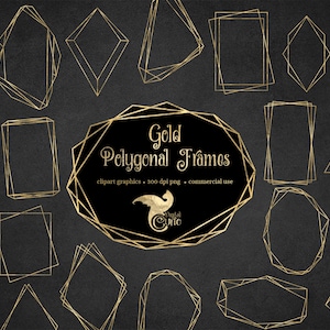 Gold Polygonal Frames Clipart, geometric gold frame clip art graphics instant download commercial use