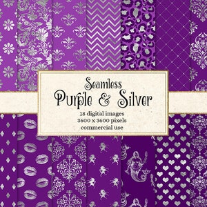 Purple and Silver Digital Paper, seamless silver foil wedding backgrounds printable scrapbook paper, instant download commercial use