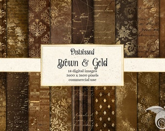 Distressed Brown and Gold digital paper, gold foil patterns, vintage damask grunge textures, printable scrapbook paper, instant download