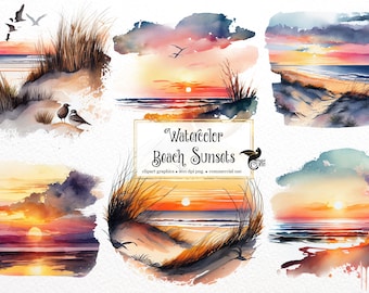 Aquarell Strand Sonnenuntergang Clipart, Küsten Grafiken (digitaler Download)