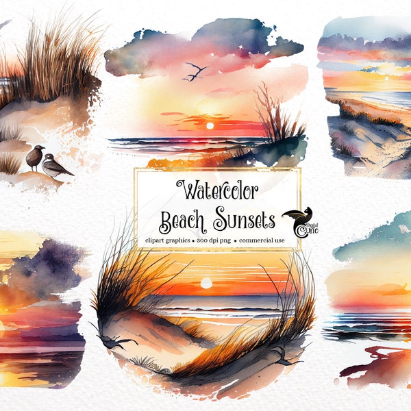 Watercolor Beach Sunsets Clipart, digital graphics for commercial use instant download commercial use