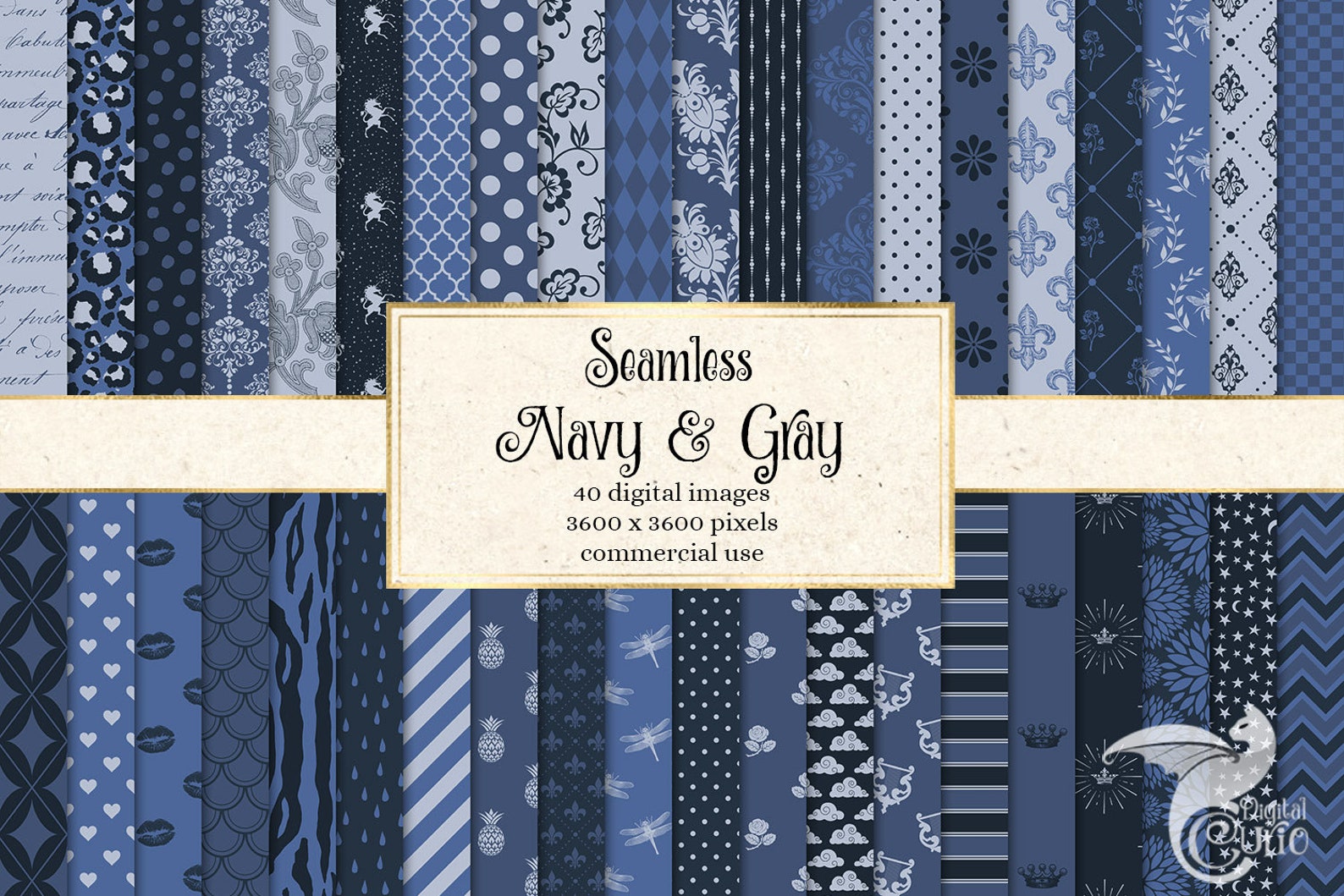 Navy and Gray Digital Paper 40 blue and grey patterns in image 1.