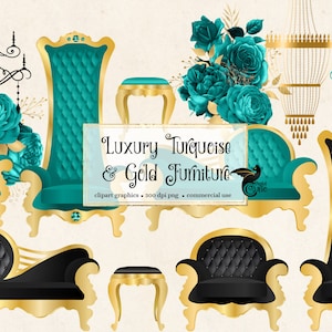 Luxury Turquoise and Gold Furniture Clip Art - graphics in PNG format tufted chairs and chandeliers for commercial use