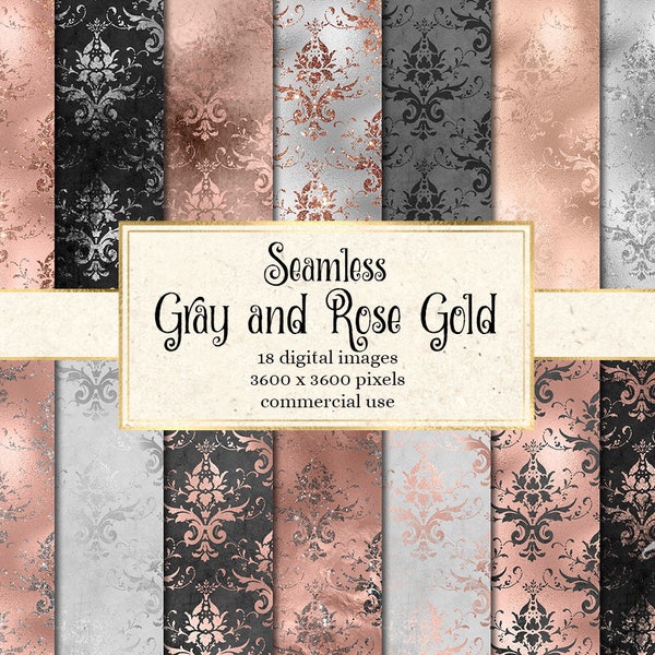 Gray and Rose Gold Damask Digital Paper, seamless silver glitter and rose gold textured backgrounds for commercial use