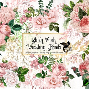 Erröten rosa Hochzeit Florals Clipart, erröten rosa und gold antike Vintage Rose, Blume Clip Art Grafik, Blumenstrauß Illustration, Baby-Dusche