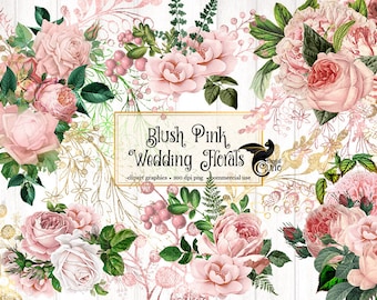 Blush Pink Wedding Florals Clipart, blush pink and gold antique vintage rose, flower clip art graphics, bouquet illustration, baby shower