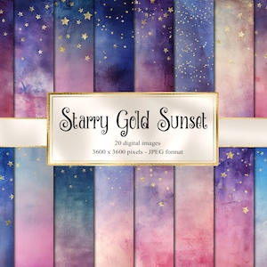 Starry Gold Sunset, Golden starry night digitale documenten, afdrukbaar plakboekpapier star magic fantasy texture pack goudfolie gloed