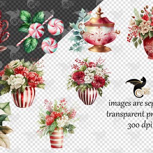 May include: A set of watercolor illustrations featuring Christmas-themed elements, including a stack of red and white striped teacups, candy canes, peppermint candies, a red and gold ornate serving dish, a red and white striped vase with a bouquet of red and white flowers, and a poinsettia.