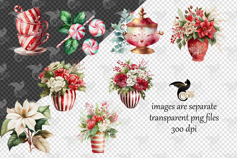 May include: A set of watercolor illustrations featuring Christmas-themed elements, including a stack of red and white striped teacups, candy canes, peppermint candies, a red and gold ornate serving dish, a red and white striped vase with a bouquet of red and white flowers, and a poinsettia.