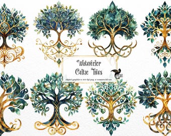 Aquarell Keltische Bäume Clipart - Smaragdgrün und Gold Baum des Lebens Clip Art (PNG Digital Download)