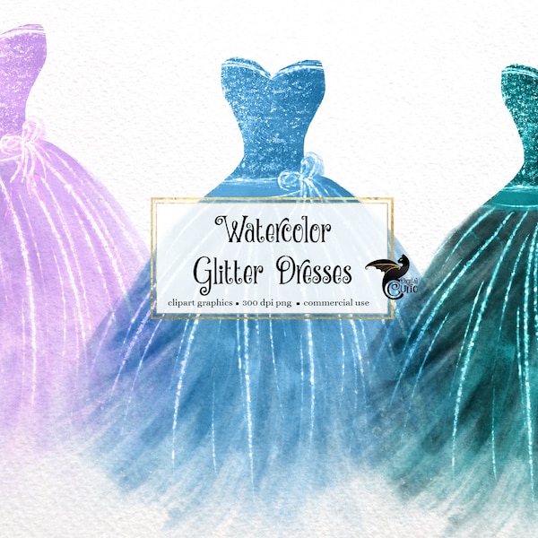 Watercolor Glitter Dresses Clipart 2, sparkling prom gown clip art graphics in png format for commercial use