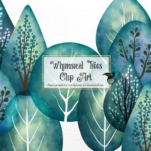 Whimsical Trees Clipart, watercolor foliage png clip art, commercial use digital instant download trees, woodland forest art