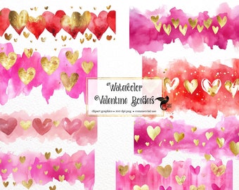 Bordes de corazones en acuarela - Gráficos de San Valentín en rosa y dorado (Descarga digital PNG)