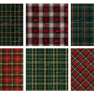 May include: Six different plaid patterns in shades of green, red, and gold. The patterns are arranged in a grid, each with a unique combination of colors and line weights. The designs are reminiscent of traditional Scottish tartan.