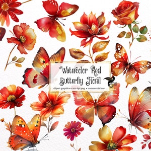 Watercolor Red Butterfly Floral Clipart - butterflies and flowers in PNG format instant download for commercial use