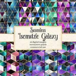 Izometryczny papier cyfrowy Galaxy, bezszwowe geometryczne wzory galaktyk akwarelowych z marmurem i złotem do natychmiastowego pobrania w celach komercyjnych