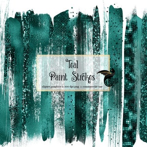 Teal Paint Strokes Clipart, with teal glitter and teal foil in digital PNG format instant download for commercial use