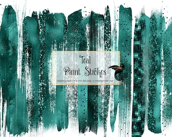Teal Glitter Paint Strokes Clipart, PNG Graphics (Digital Download)