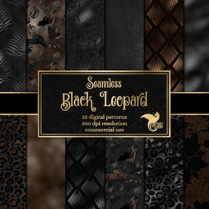 Könnte beinhalten: Ein Set mit 23 digitalen nahtlosen Mustern mit schwarzem Leopardenmuster, goldenen geometrischen Designs und tropischen Blättern. Die Muster haben eine Auflösung von 300 dpi und sind für kommerzielle Zwecke bestimmt.