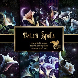 Datura Spells Digital Paper -  dark galaxy magic floral grunge textures printable scrapbook paper backgrounds instant download