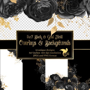 Superposiciones florales negras y doradas de 5x7 para invitaciones, planificadores, páginas de diarios, imágenes prediseñadas de flores vintage, imágenes prediseñadas de marcos de boda