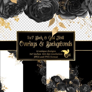 5x7 Black and Gold Floral Overlays for invitations, planners, journal pages, vintage flower clipart, wedding frames clip art