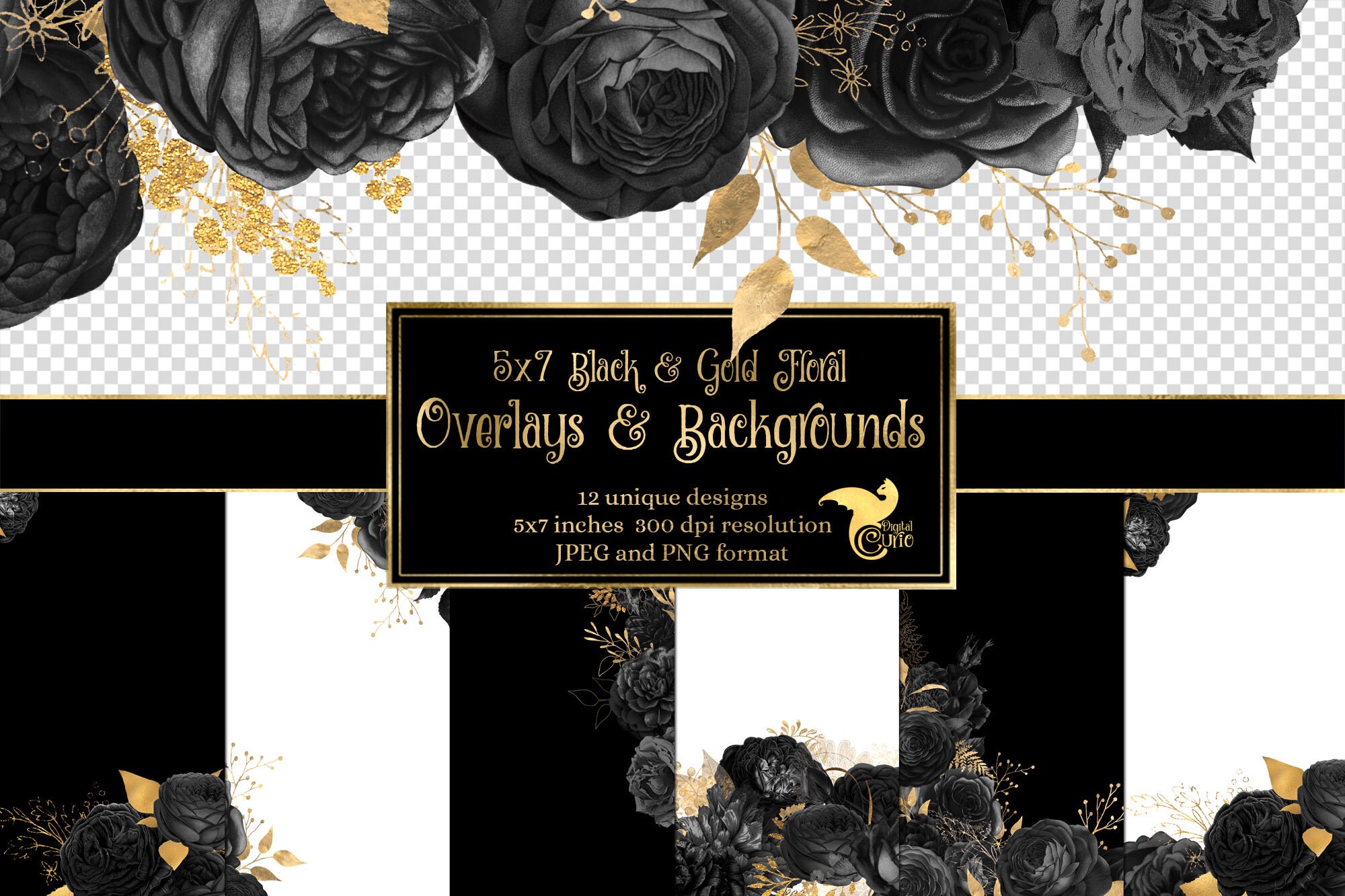 5x7 Black and Gold Floral Overlays for Invitations Planners - Etsy