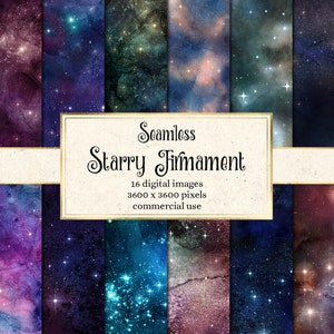 Starry Firmament digital Paper, seamless texture galaxy star backgrounds, gold star scrapbook paper instant download