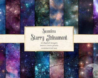 Pode incluir: Um conjunto de 16 padrões digitais sem costura que apresentam um céu noturno estrelado com um efeito aquarela. Os padrões são de 3600 x 3600 pixels e são para uso comercial.