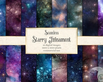 Starry Firmament digital Paper, seamless texture galaxy star backgrounds, gold star scrapbook paper instant download