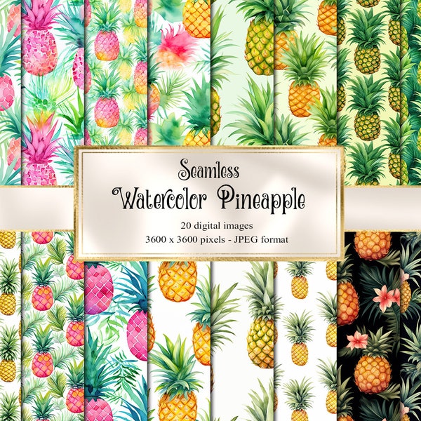 Watercolor Pineapple Digital Paper, seamless tropical printable textures printable scrapbook paper