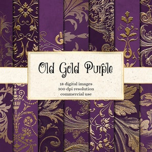 Altes Gold Lila Digital Paper, verschnörkelte Hintergründe mit barocken Schnörkeln in dekorativem Gold sofort download druckbares Papier