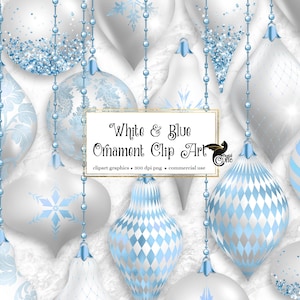White and Blue Christmas Ornaments Clipart, digital glitter Christmas ball ornament clip art in png format for commercial use