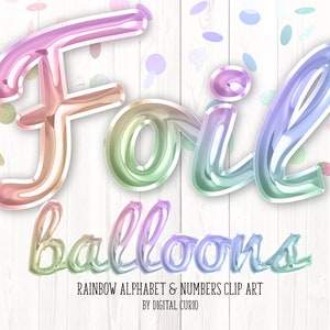 Rainbow Foil Balloon Script Alphabet Clip Art - gráficos digitais de download instantâneo em formato PNG para uso comercial em designs de festas de comemoração