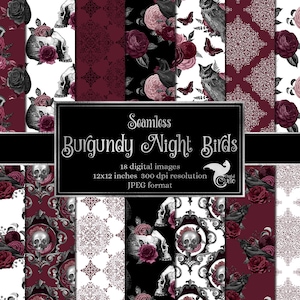 Carta digitale Borgogna Night Birds, carte scrapbook gotiche, sfondi goth senza soluzione di continuità, pizzo vintage vittoriano