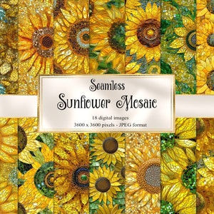 May include: A set of 18 seamless digital images featuring a mosaic pattern of sunflowers in shades of yellow and green. The images are 3600 x 3600 pixels and in JPEG format.