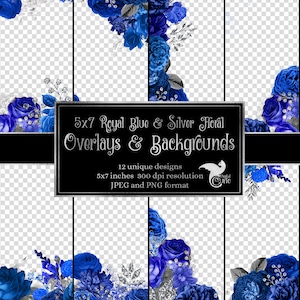 5x7 Royal Blue en Silver Floral Overlays voor uitnodigingen, planners, dagboekpagina's, vintage bloem clipart, bruiloft frames clip art