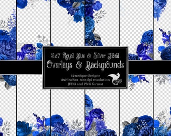 5x7 Royal Blue and Silver Floral Overlays for invitations, planners, journal pages, vintage flower clipart, wedding frames clip art