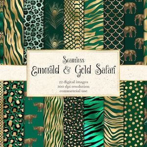 Emerald and Gold Animal Skins digital paper, seamless green African animal print, giraffe, zebra, leopard, tiger stripe, safari paper 01egd