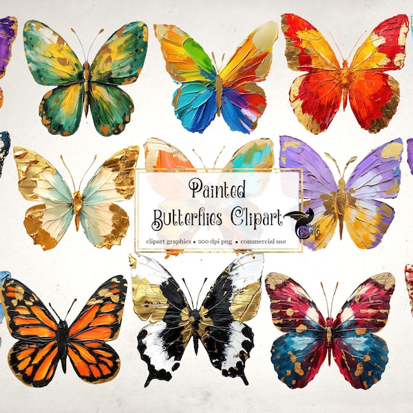 Imágenes prediseñadas de mariposas pintadas, imágenes prediseñadas de mariposas de lámina dorada, ilustraciones de mariposas, gráficos PNG, adornos de álbumes de recortes de uso comercial