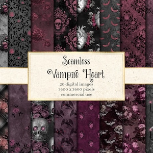 Vampire Heart Digital Paper, arrière-plans sans soudure Halloween motif gothique damassé noir et violet rose scrapbook papier grunge en détresse