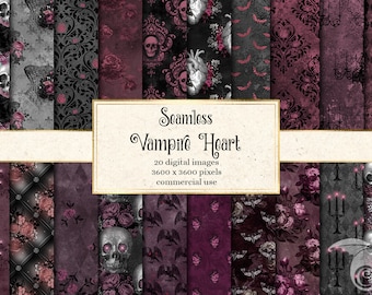 Vampire Heart Digital Paper, Halloween seamless backgrounds pattern gothic damask black and purple rose scrapbook paper distressed grunge