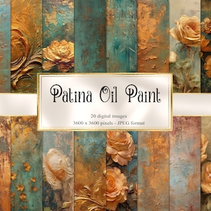 Patina Oil Paint Digital Paper, antique copper textures, damask printable scrapbook paper backgrounds, distressed copper and patina blue